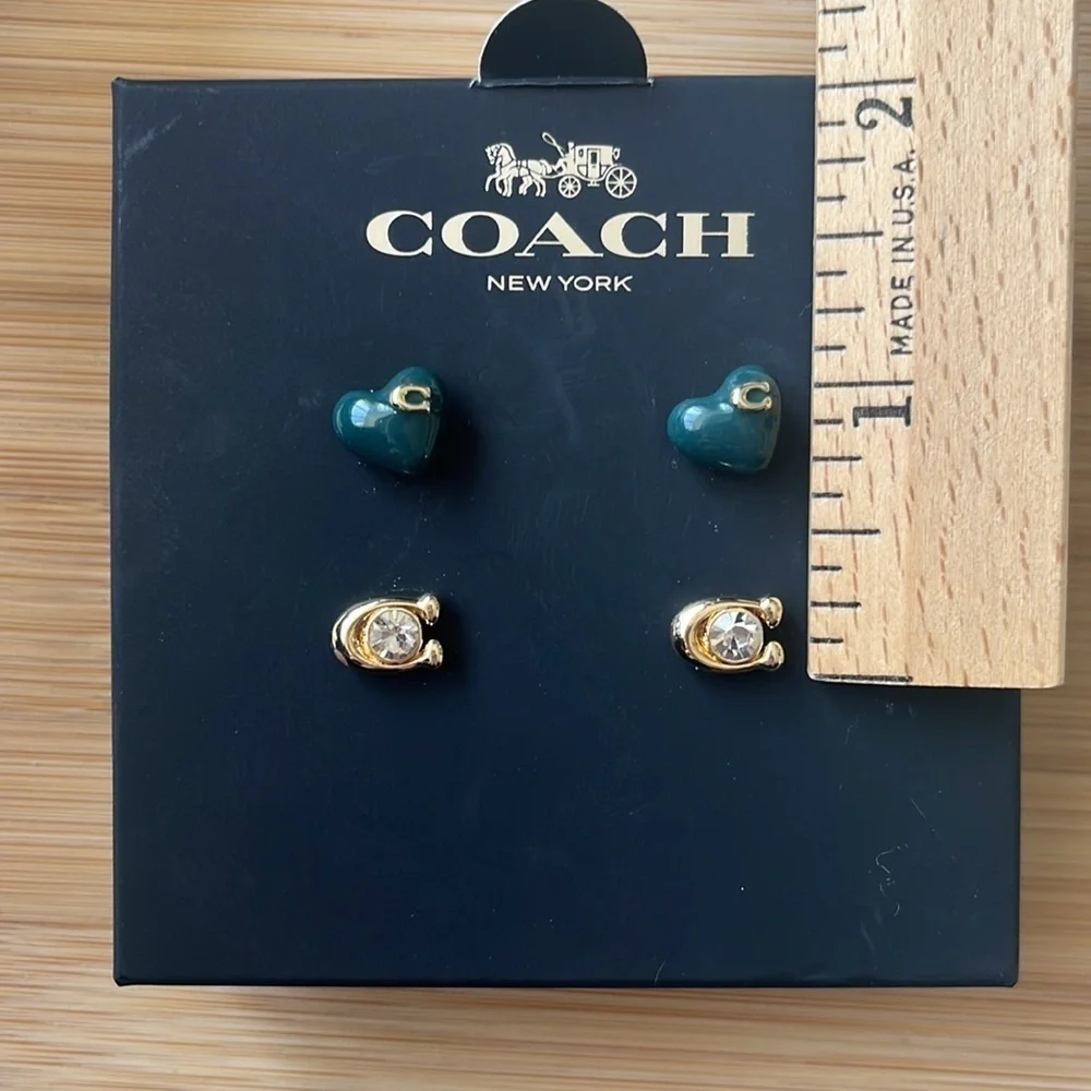 Brand New Coach Set of Two Post Earrings Heart Gold Tone Signature “C”